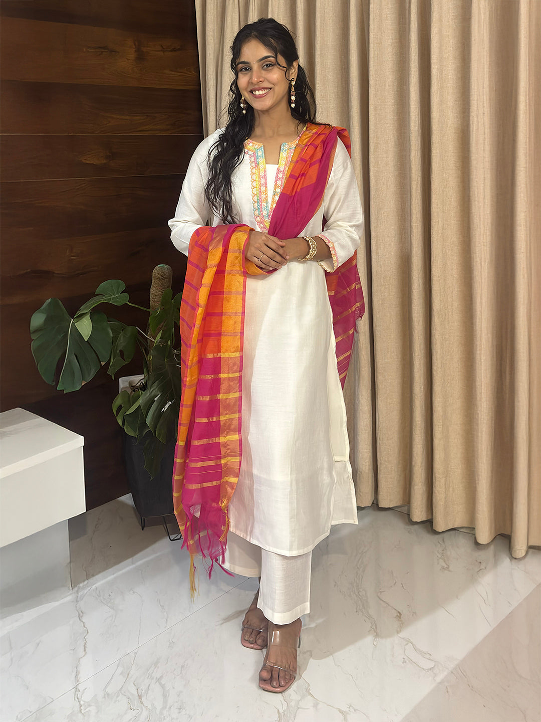 Naari By Shree Women's Off White Silk Blend Embellished Straight Kurta Set