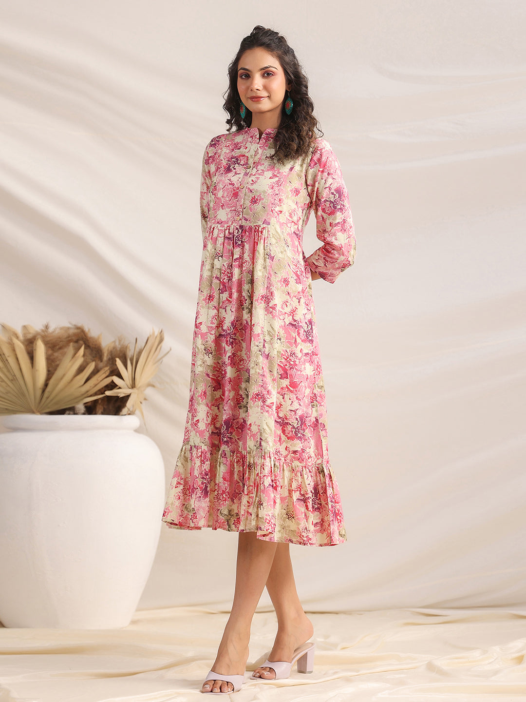 Naari By Shree Pink Cotton Abstract Gathered Dress