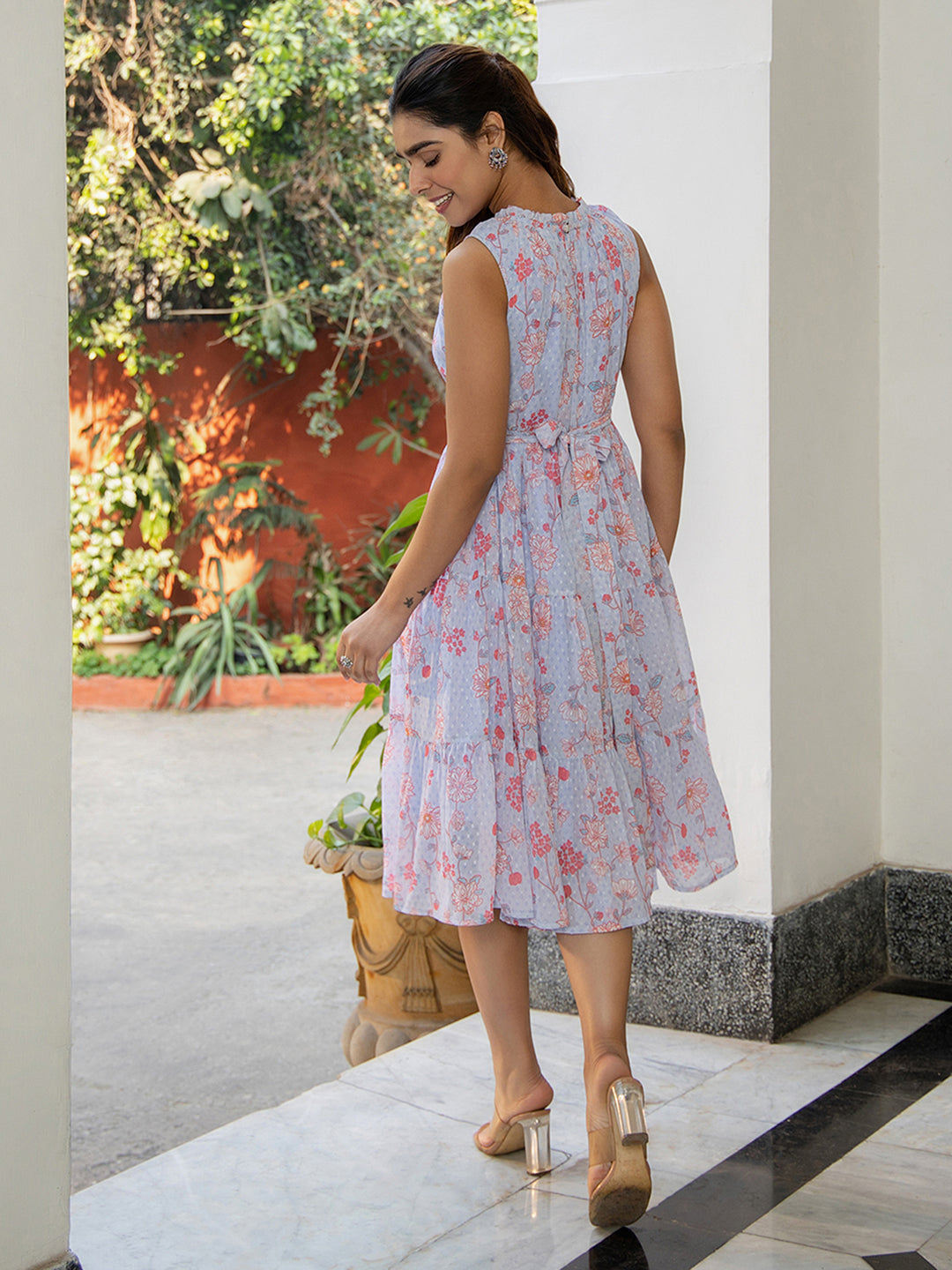 Naari By Shree Lavender Dobby Georgette Floral Tiered Dress