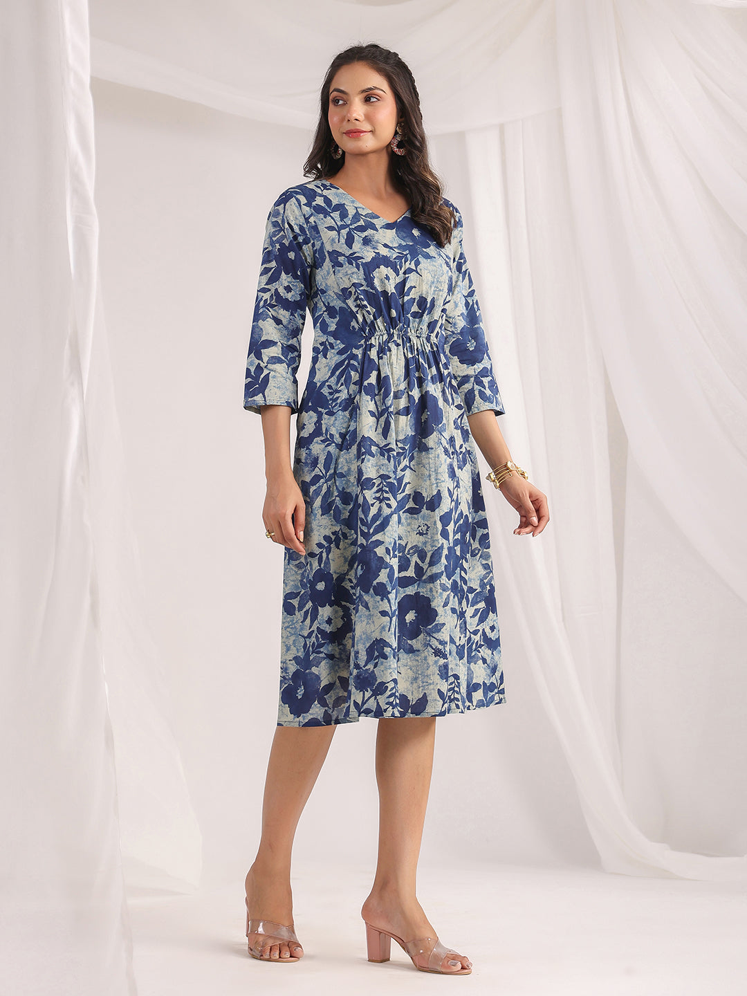 Naari By Shree Indigo Cotton Floral Panelled Dress
