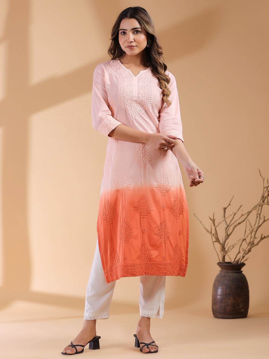 Naari By Shree Peach Ombre Pure Cotton Chikankari Embroidered Straight Kurta
