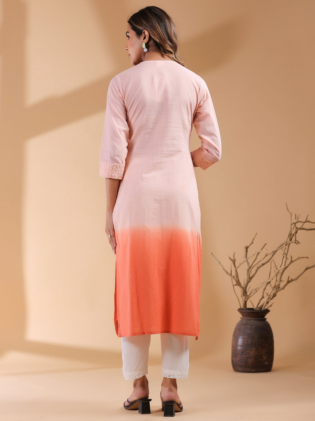 Naari By Shree Peach Ombre Pure Cotton Chikankari Embroidered Straight Kurta