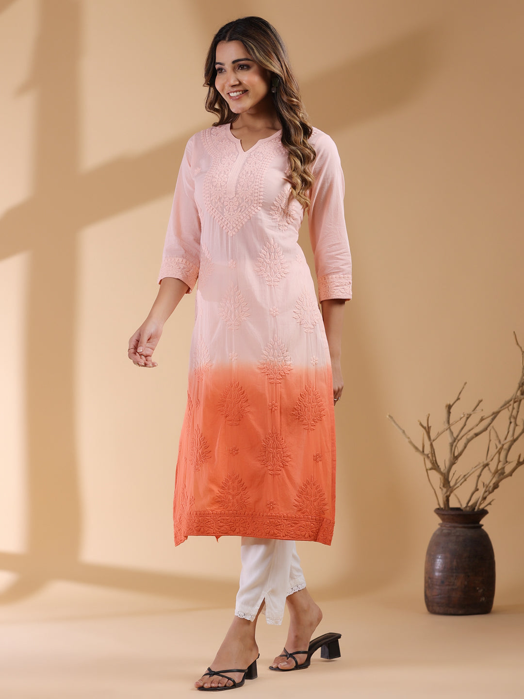 Naari By Shree Peach Ombre Pure Cotton Chikankari Embroidered Straight Kurta
