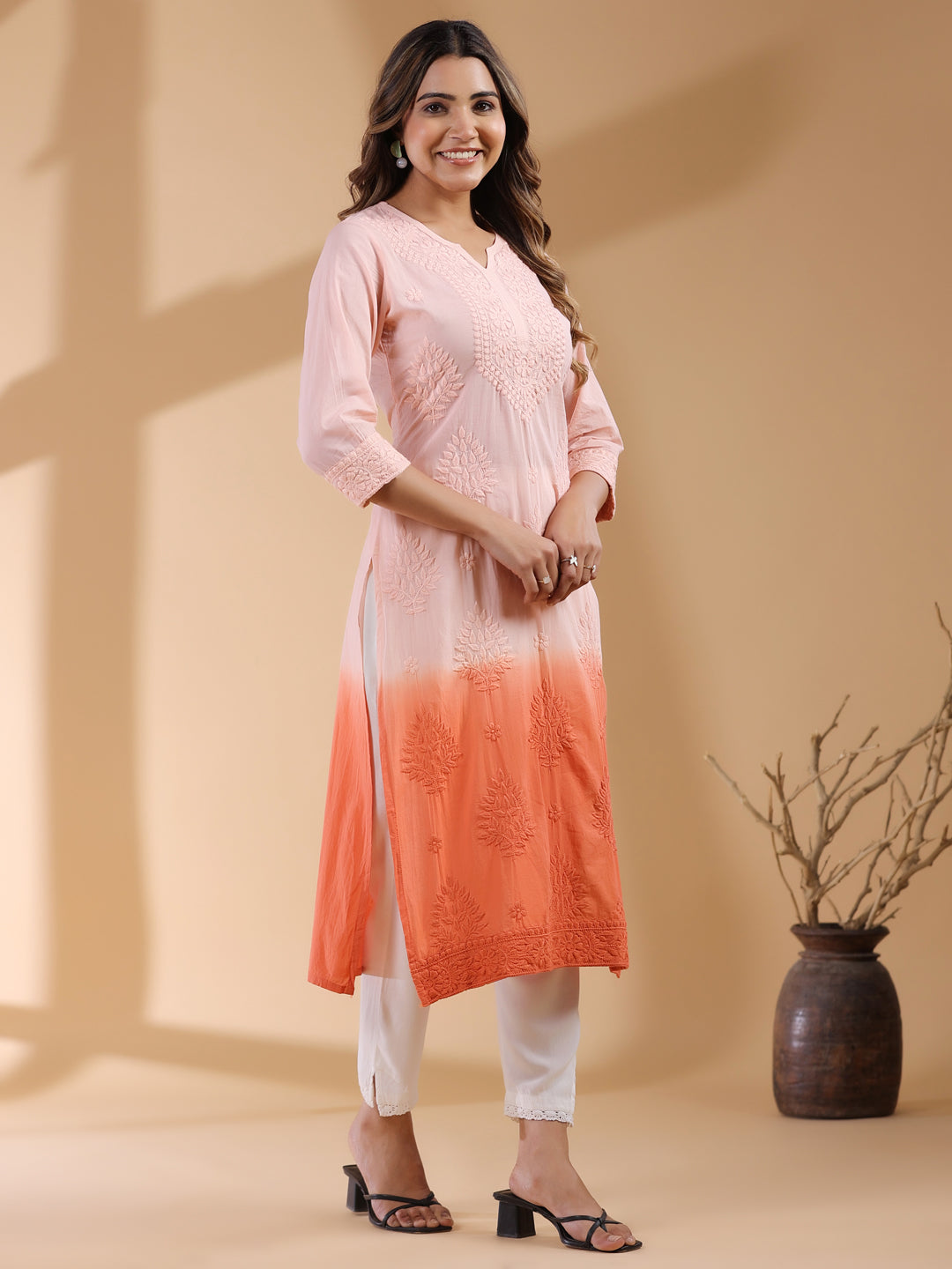 Naari By Shree Peach Ombre Pure Cotton Chikankari Embroidered Straight Kurta