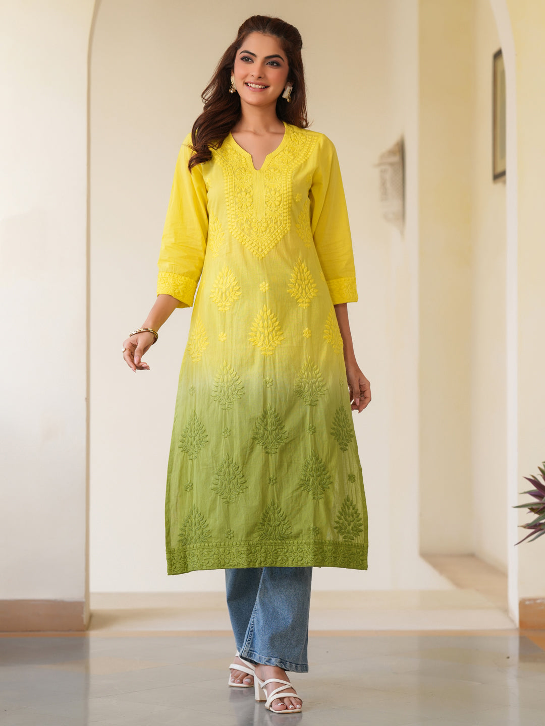 Naari By Shree Lime Yellow Pure Cotton Ombre Chikankari Embroidered Straight Kurta