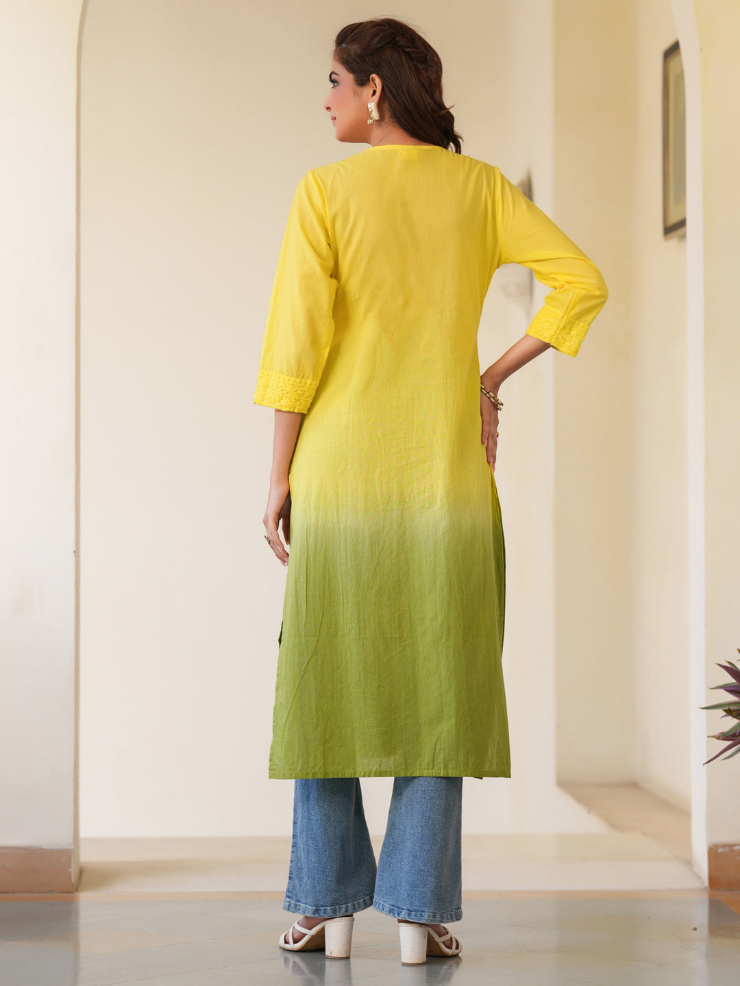 Naari By Shree Lime Yellow Pure Cotton Ombre Chikankari Embroidered Straight Kurta