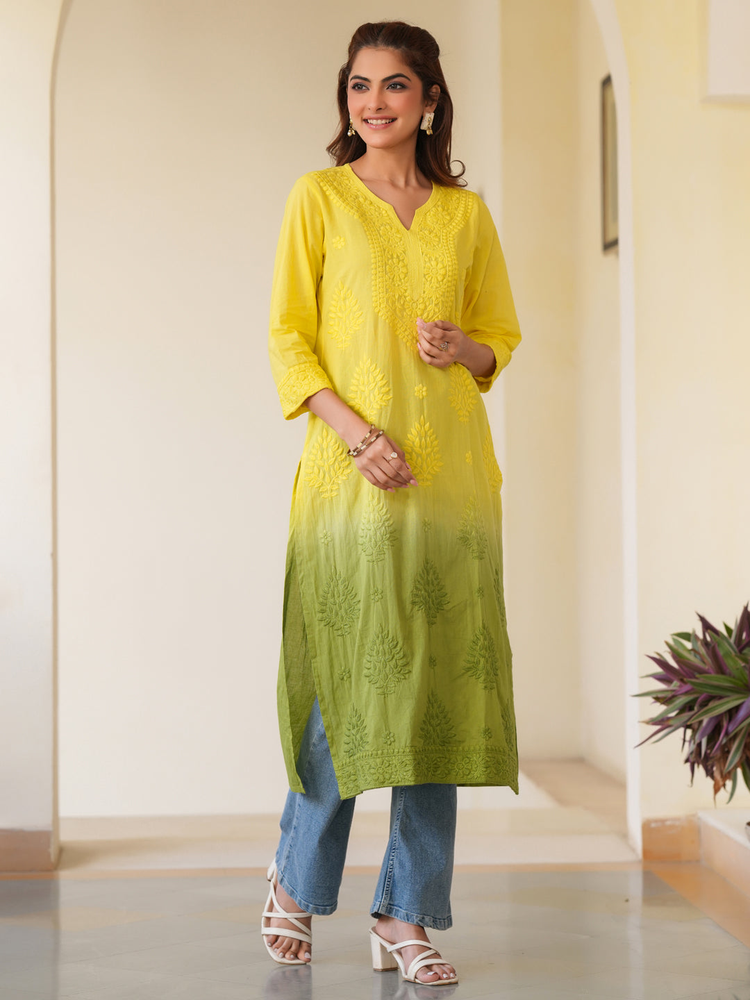 Naari By Shree Lime Yellow Pure Cotton Ombre Chikankari Embroidered Straight Kurta