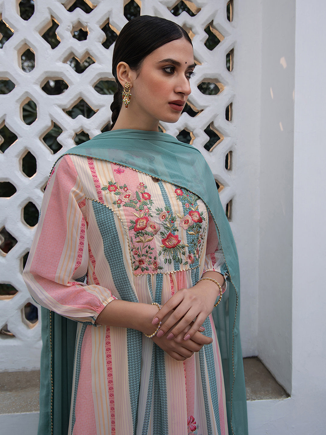 Naari By Shree Cream Georgette Floral Embroidered A-Line Kurta Set