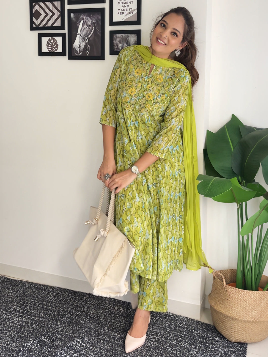 Naari By Shree Lime Georgette Yoke Embroidery Anarkali Kurta Set