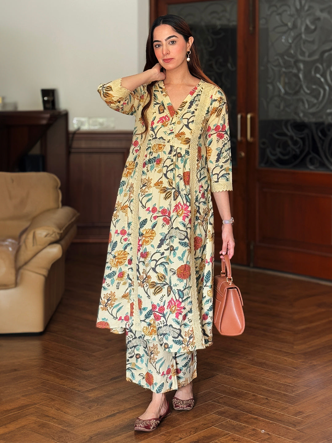 Naari By Shree Beige Cotton Floral Kurta Pant Set