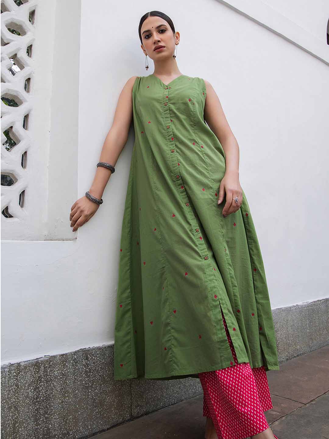 Naari By Shree Green Cotton Geometric A-Line Kurta Set