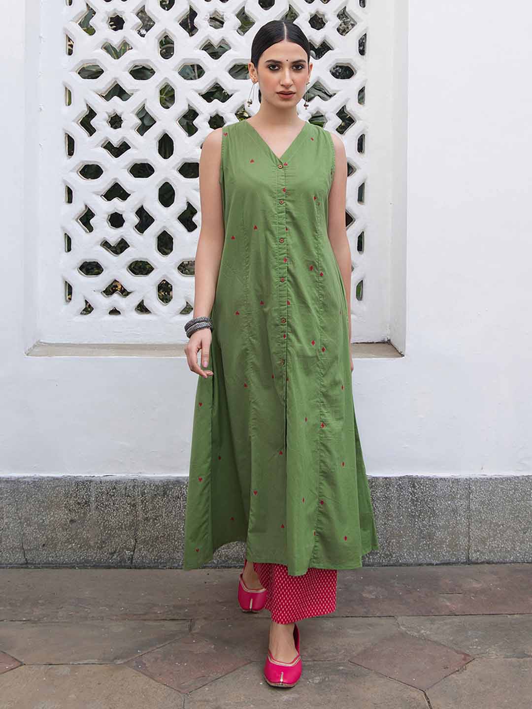 Naari By Shree Green Cotton Geometric A-Line Kurta Set
