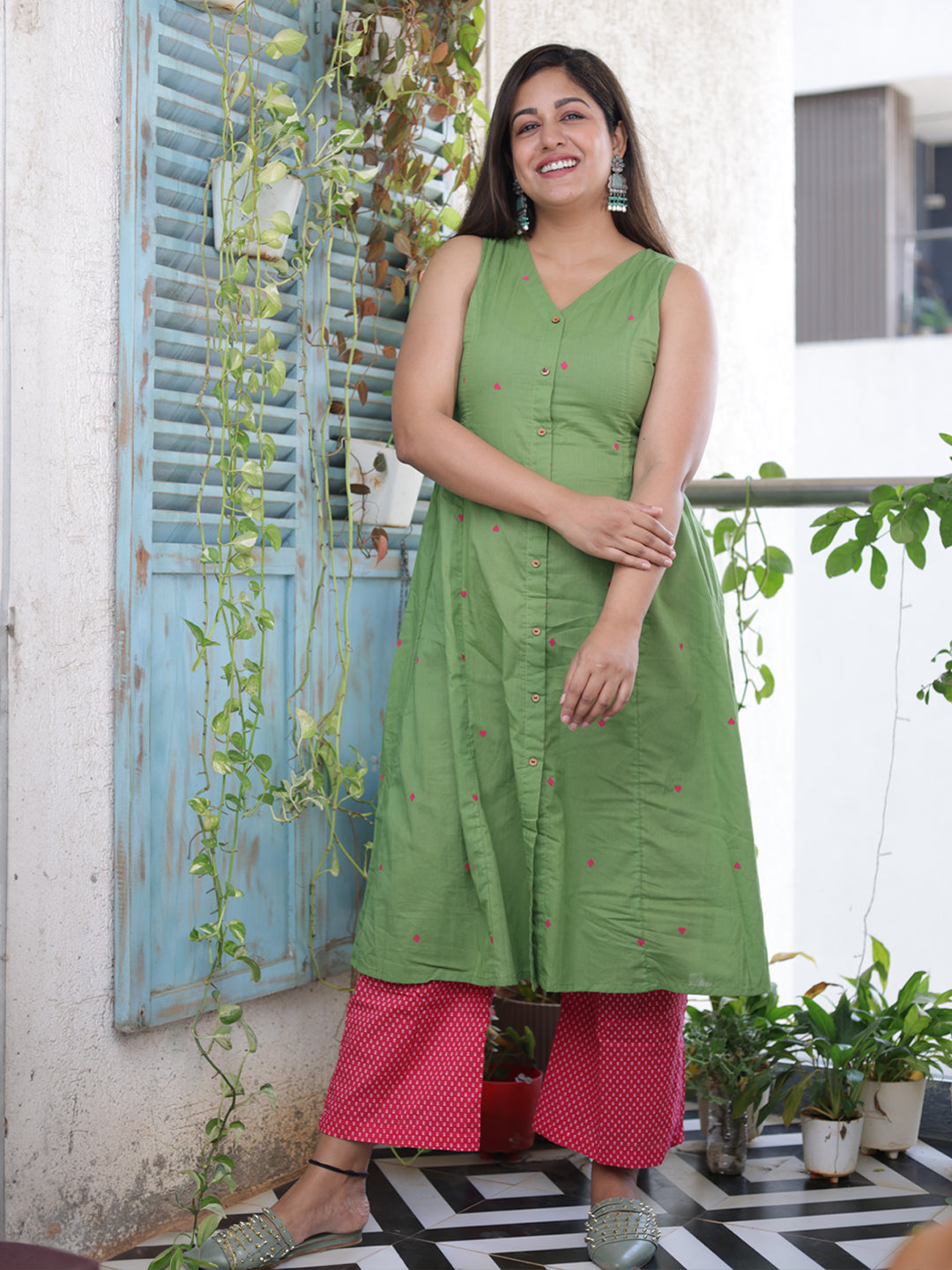 Naari By Shree Green Cotton Geometric A-Line Kurta Set