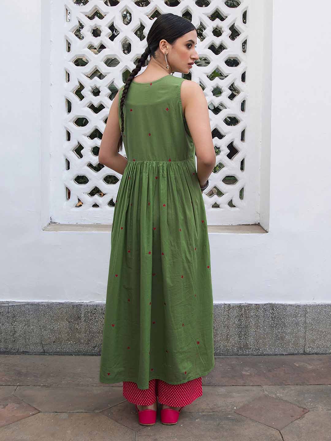 Naari By Shree Green Cotton Geometric A-Line Kurta Set