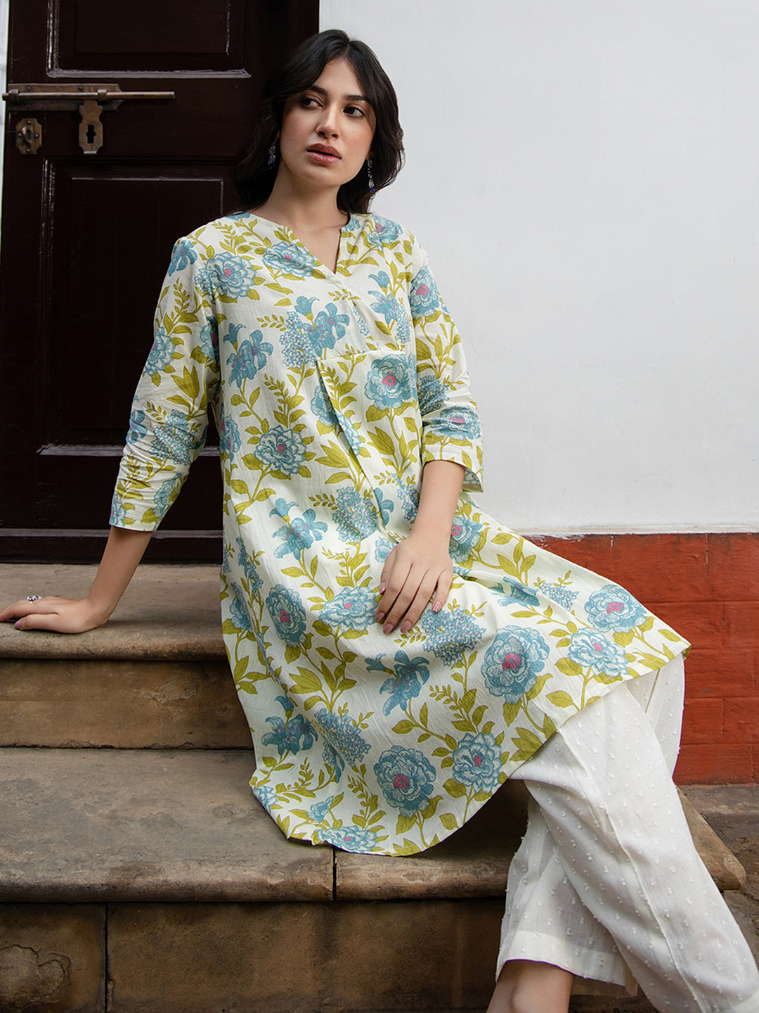 Naari By Shree Off White Cotton Floral Tunic