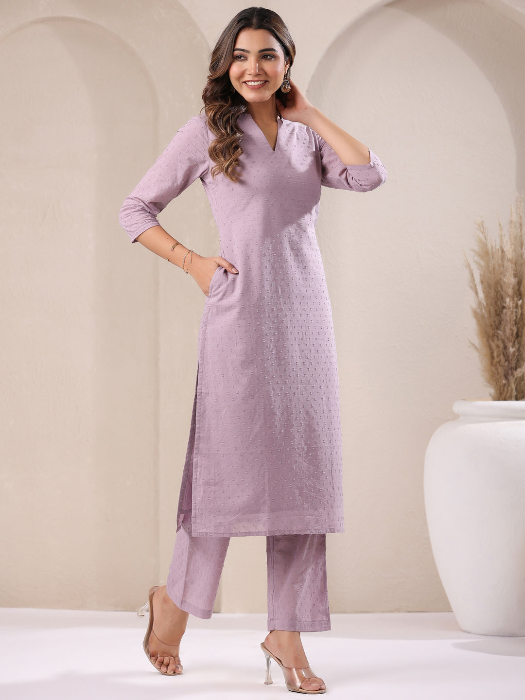 Naari By Shree Lavender Dobby Pure Cotton Self Design Straight Kurta Pant Set