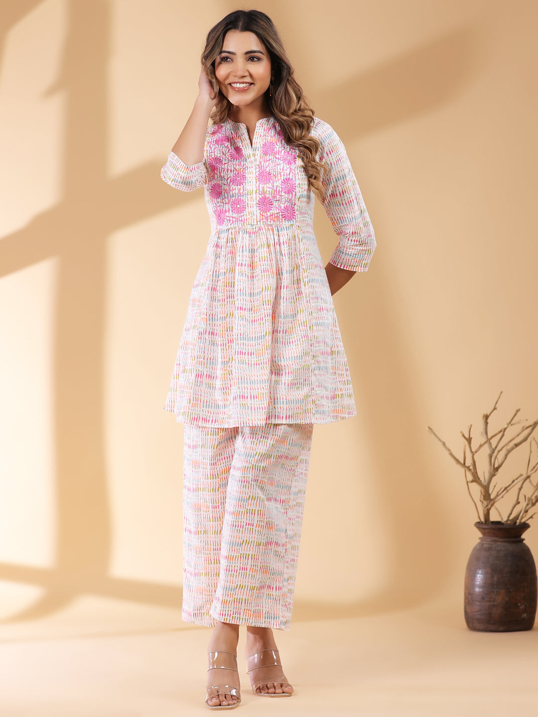 Naari By Shree White Pure Cotton Abstract A-line Co-ord Set