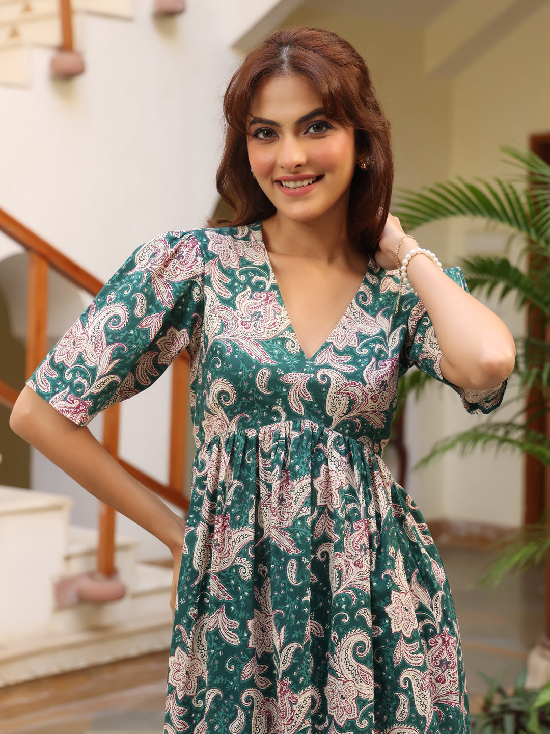 Naari By Shree Green Pure Cotton Printed Floral Tiered Dress
