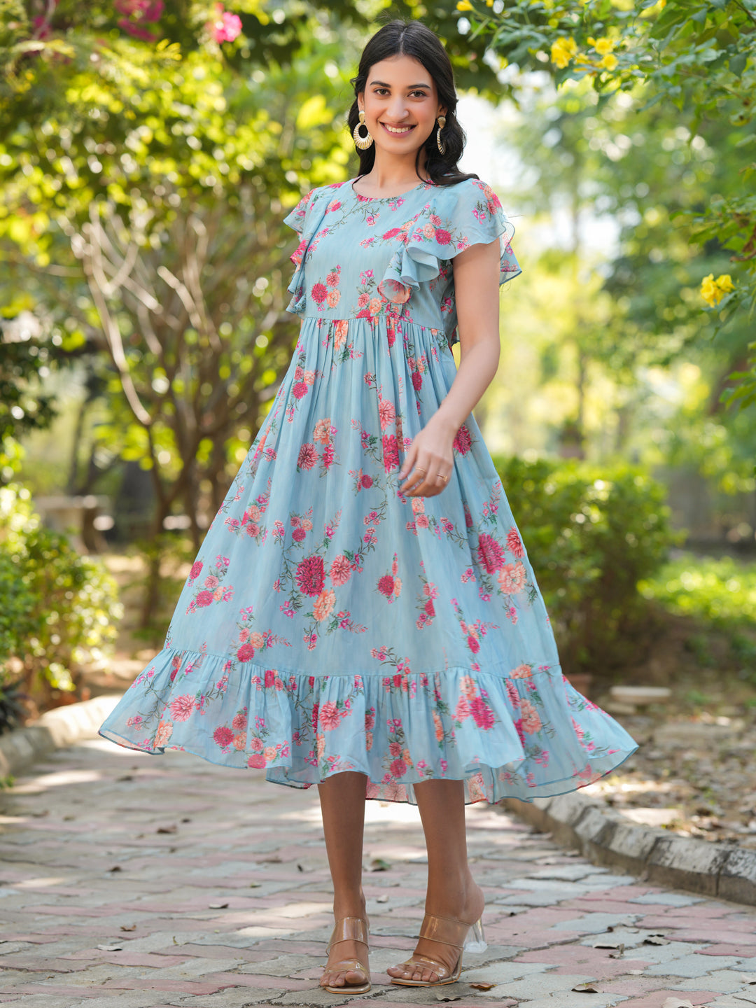 Naari By Shree Light Blue Georgette Floral Printed Tiered Dress