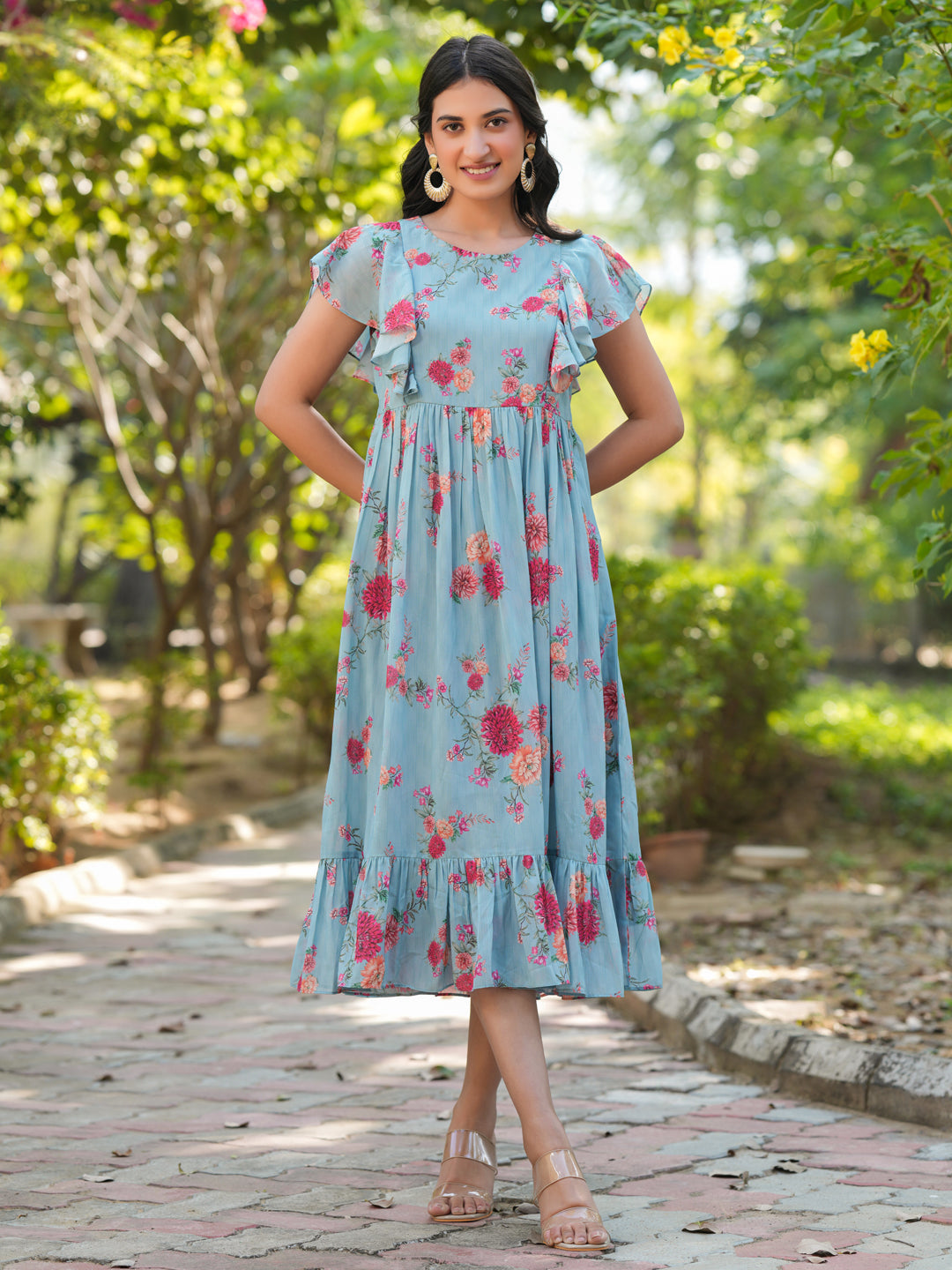 Naari By Shree Light Blue Georgette Floral Printed Tiered Dress