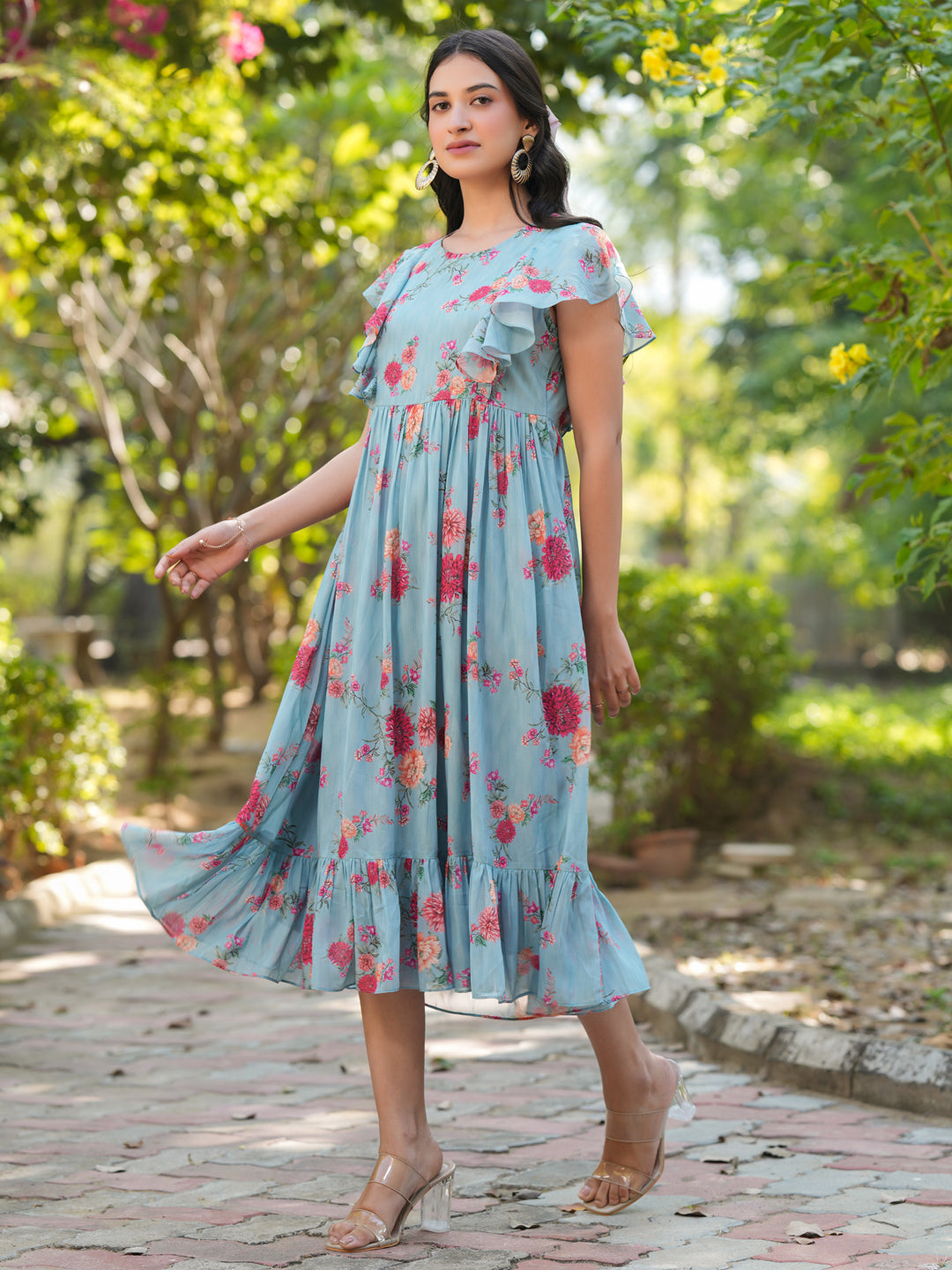 Naari By Shree Light Blue Georgette Floral Printed Tiered Dress