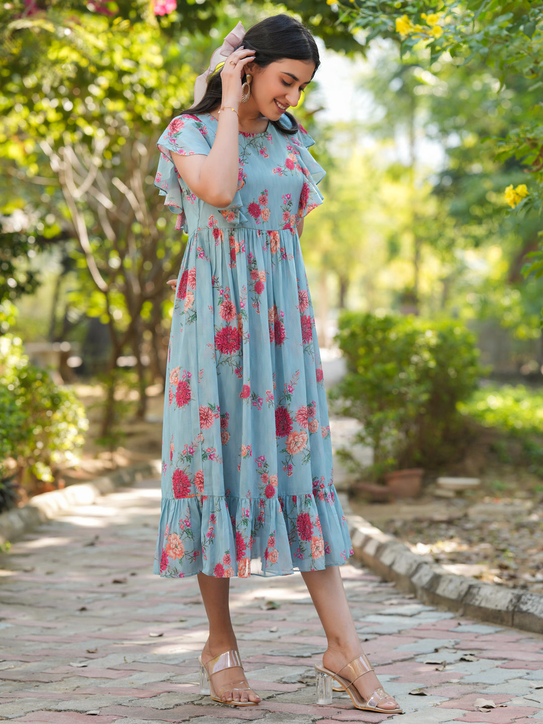 Naari By Shree Light Blue Georgette Floral Printed Tiered Dress