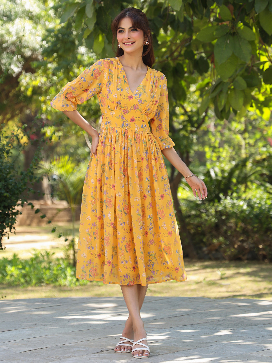 Naari By Shree Mustard Georgette Floral Printed Gathered Dress