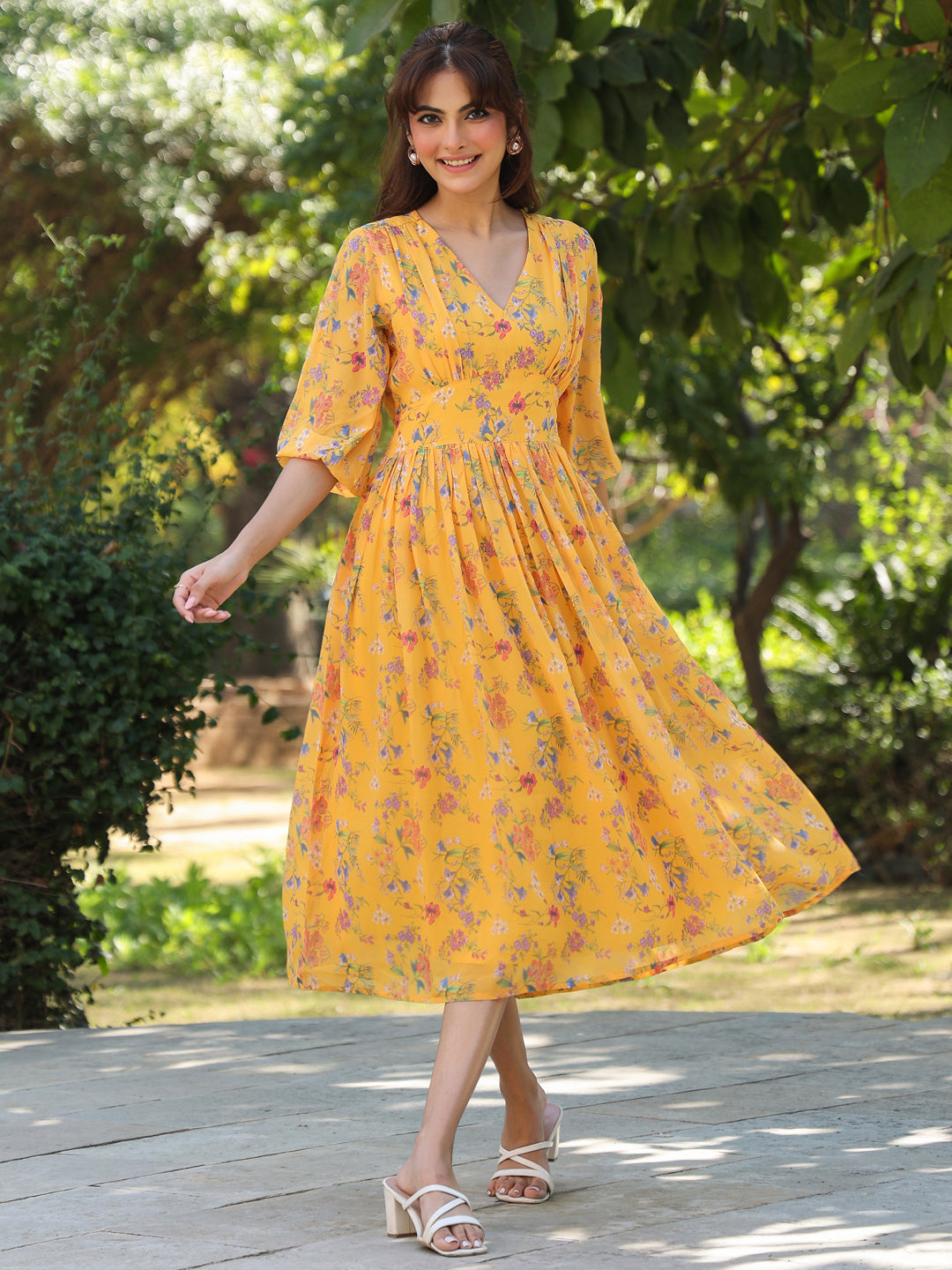 Naari By Shree Mustard Georgette Floral Printed Gathered Dress