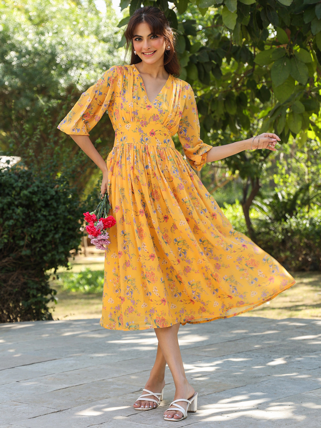 Naari By Shree Mustard Georgette Floral Printed Gathered Dress