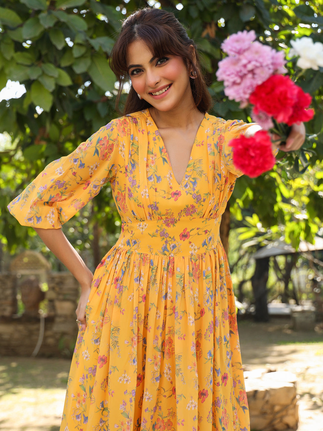 Naari By Shree Mustard Georgette Floral Printed Gathered Dress