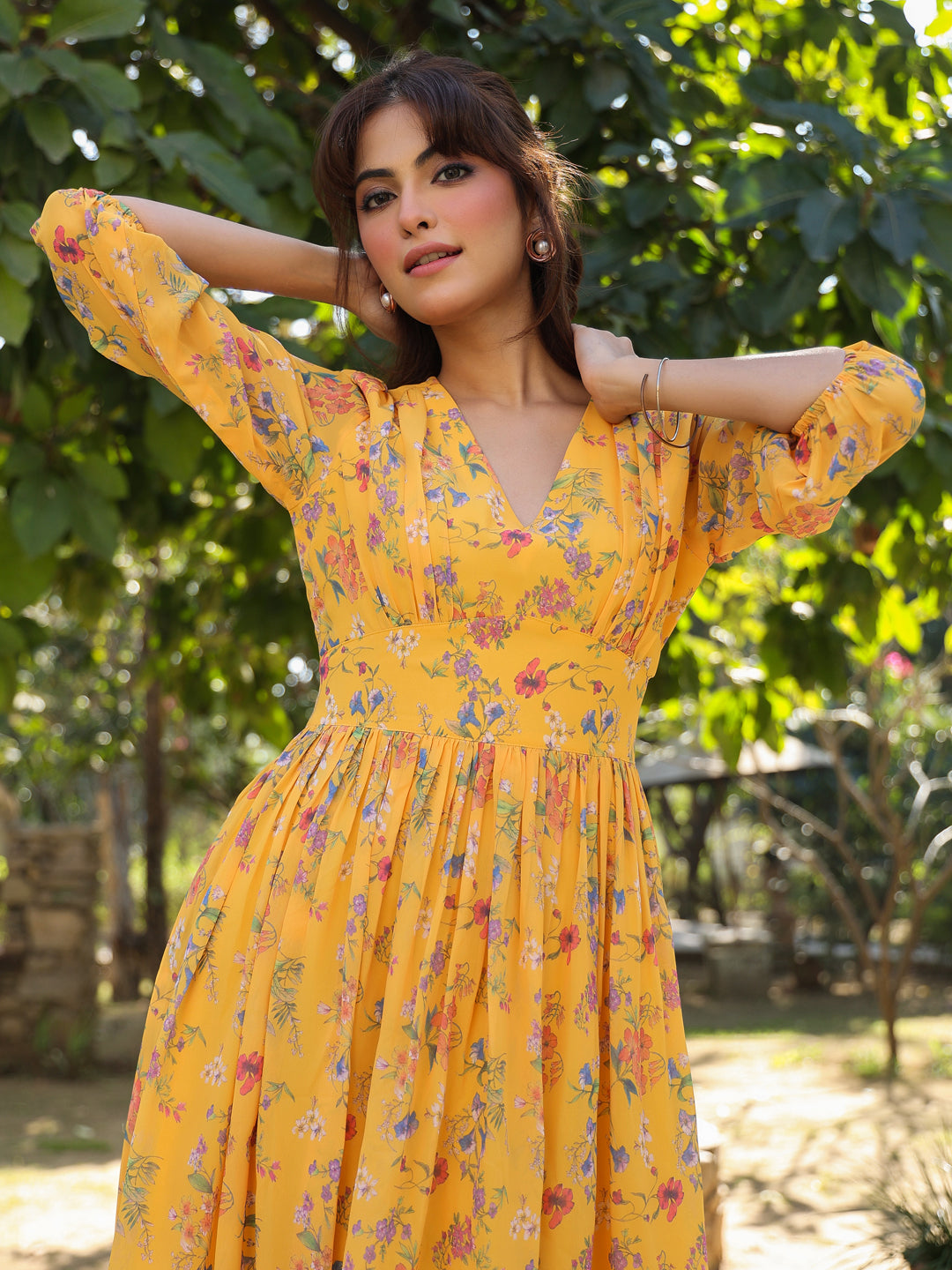 Naari By Shree Mustard Georgette Floral Printed Gathered Dress