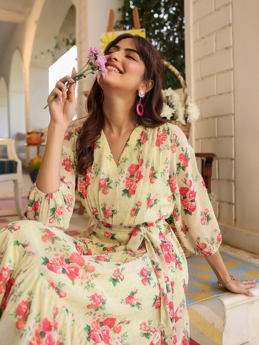 Naari By Shree Light Yellow Georgette Floral Printed Fit & Flare Dress