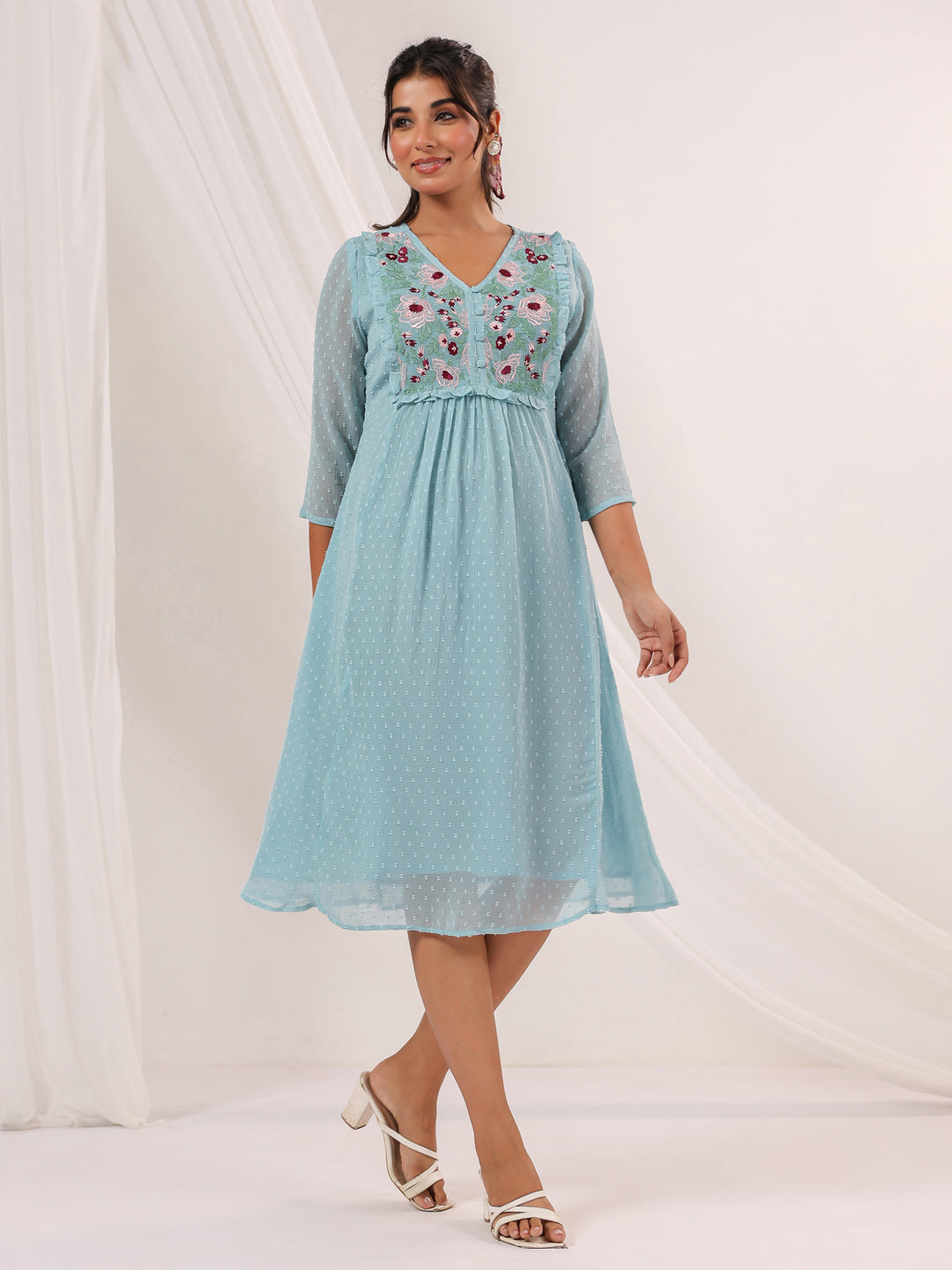 Naari By Shree Women's Light Blue Dobby Chiffon Embroidered A-line Dress