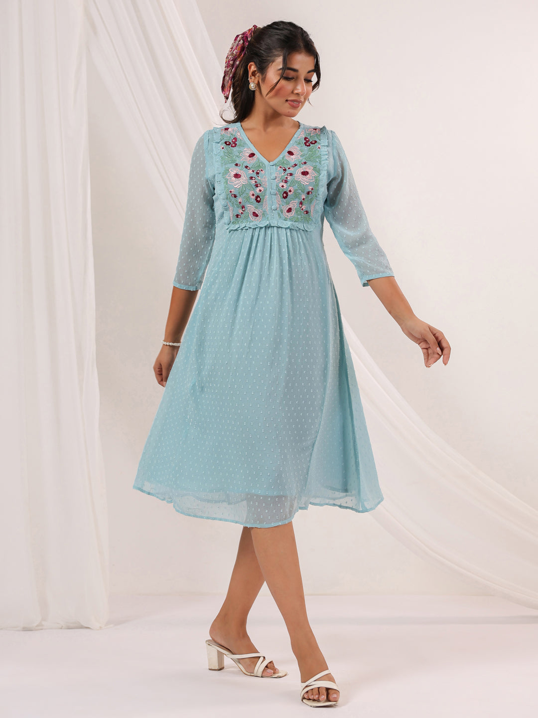 Naari By Shree Women's Light Blue Dobby Chiffon Embroidered A-line Dress