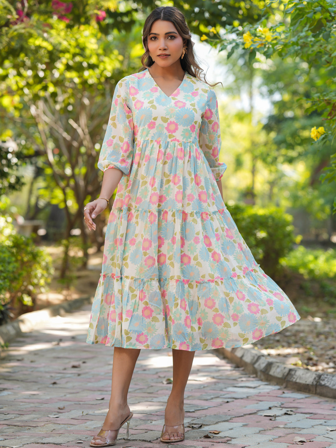 Naari By Shree Cream Georgette Floral Printed Tiered Dress