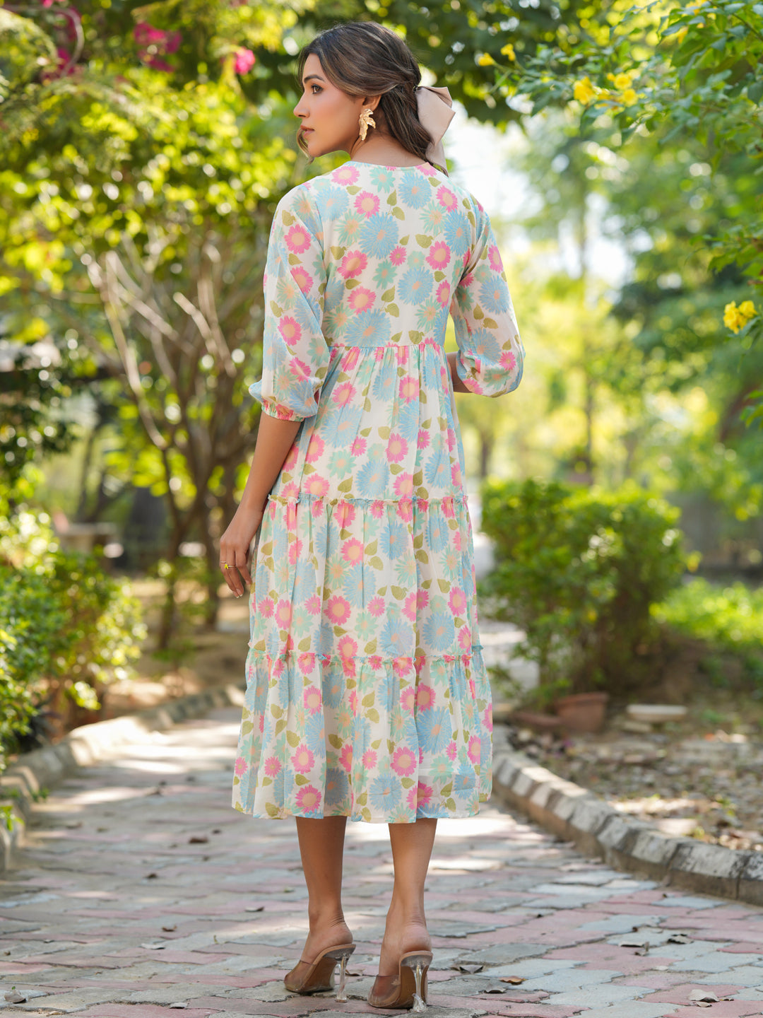 Naari By Shree Cream Georgette Floral Printed Tiered Dress