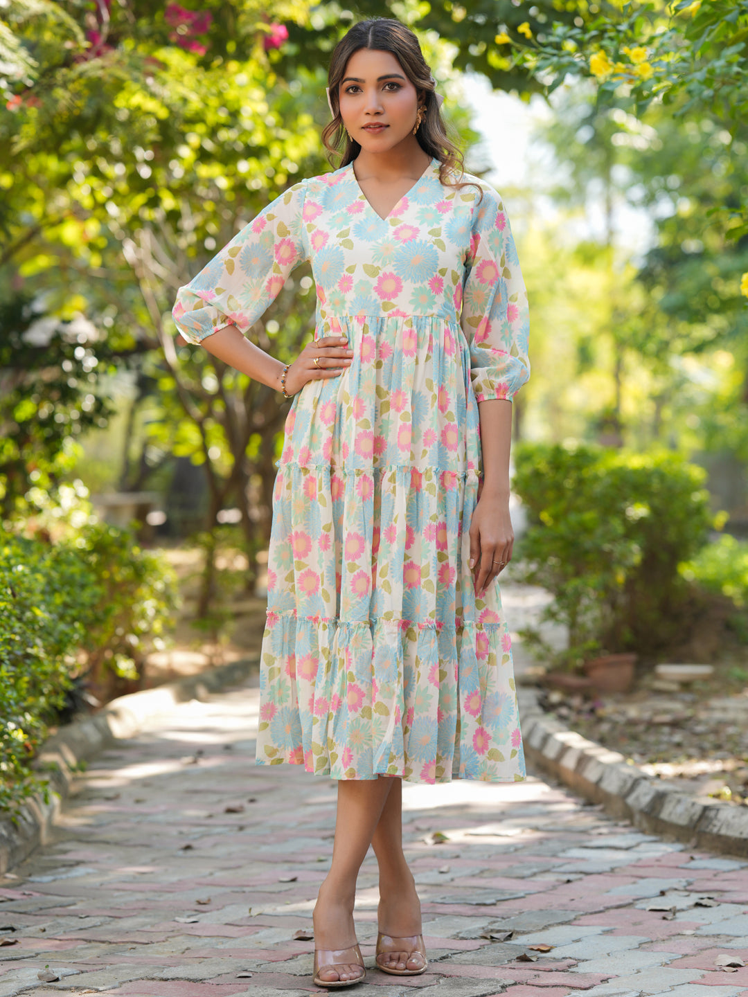 Naari By Shree Cream Georgette Floral Printed Tiered Dress