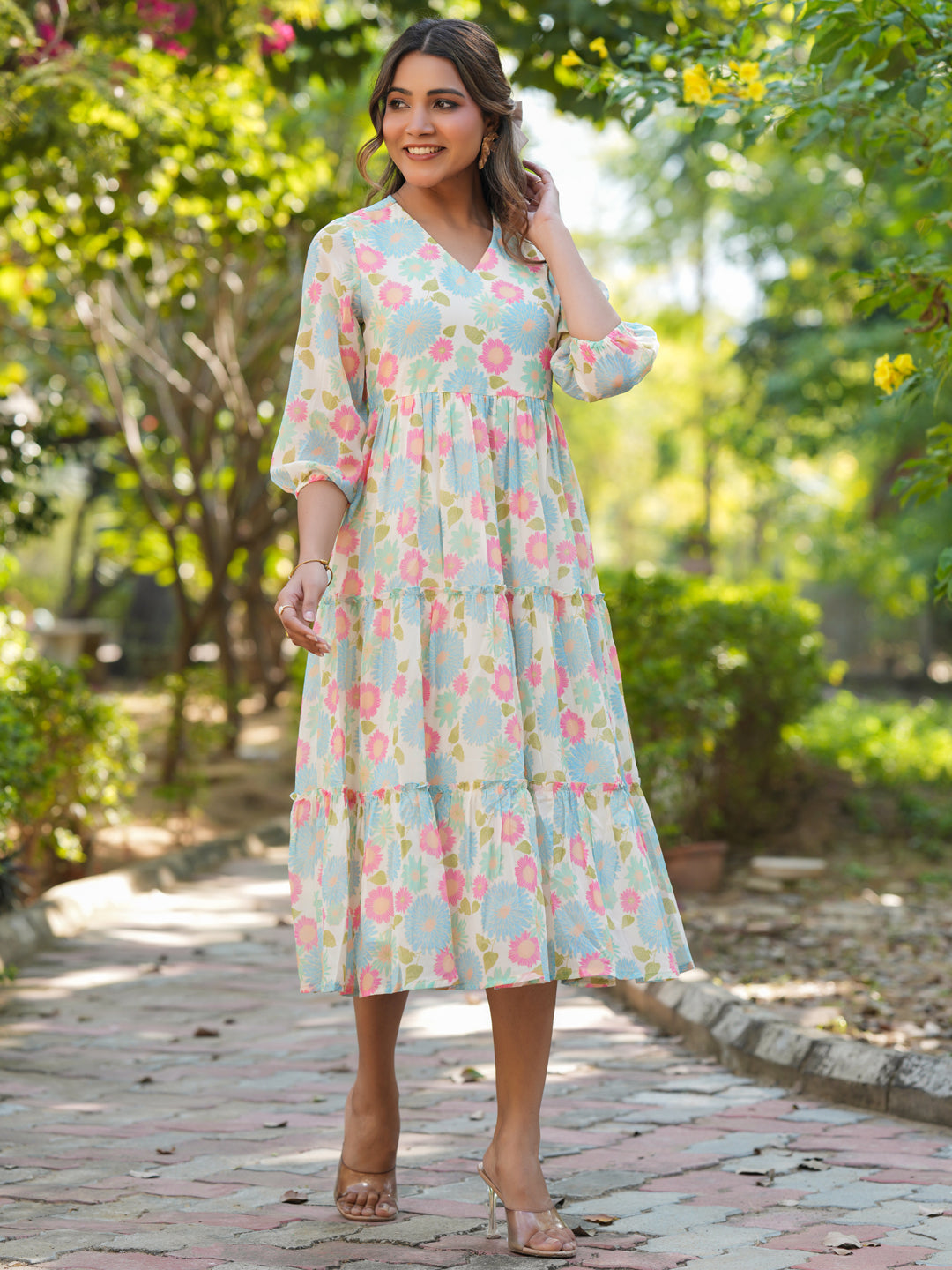 Naari By Shree Cream Georgette Floral Printed Tiered Dress