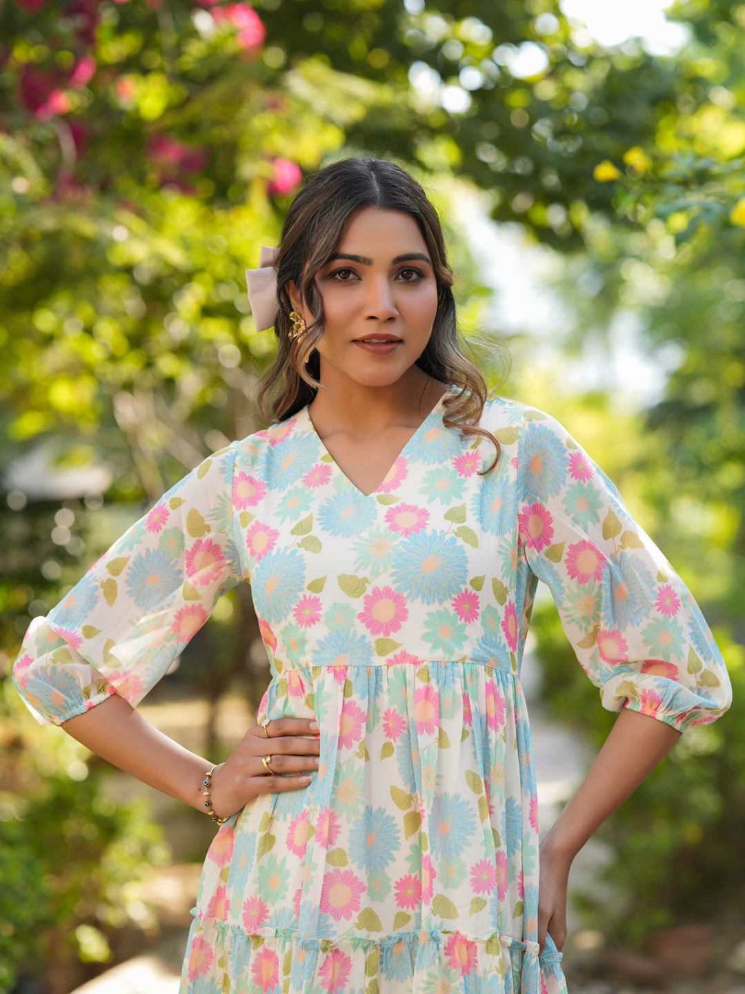 Naari By Shree Cream Georgette Floral Printed Tiered Dress