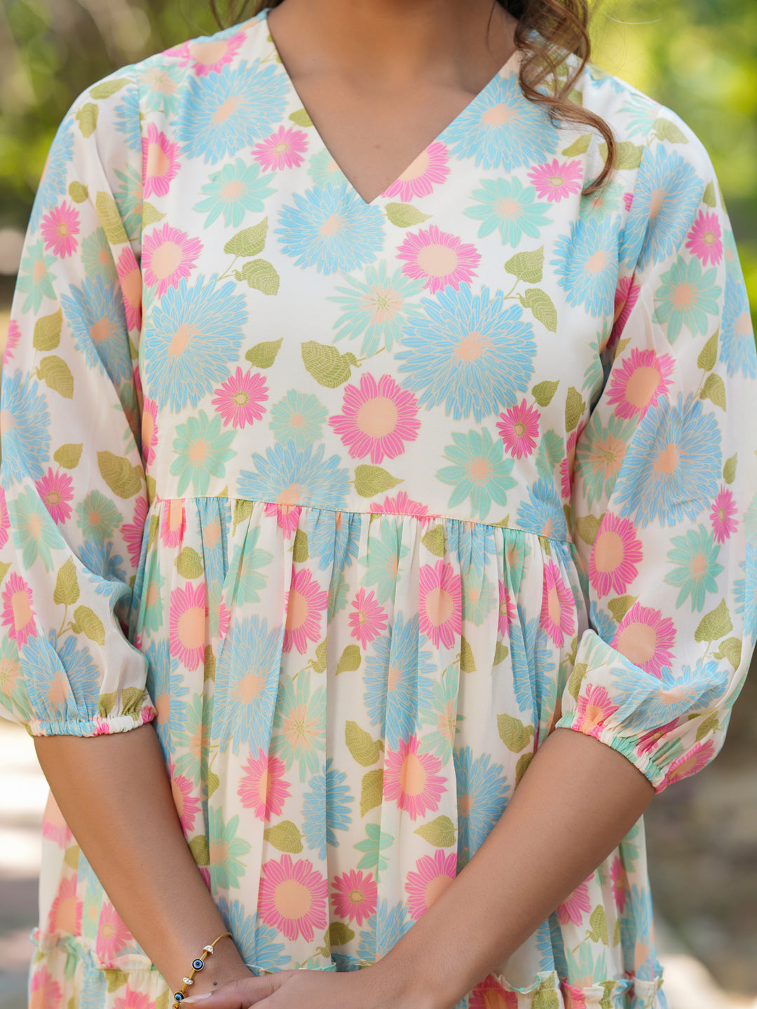 Naari By Shree Cream Georgette Floral Printed Tiered Dress