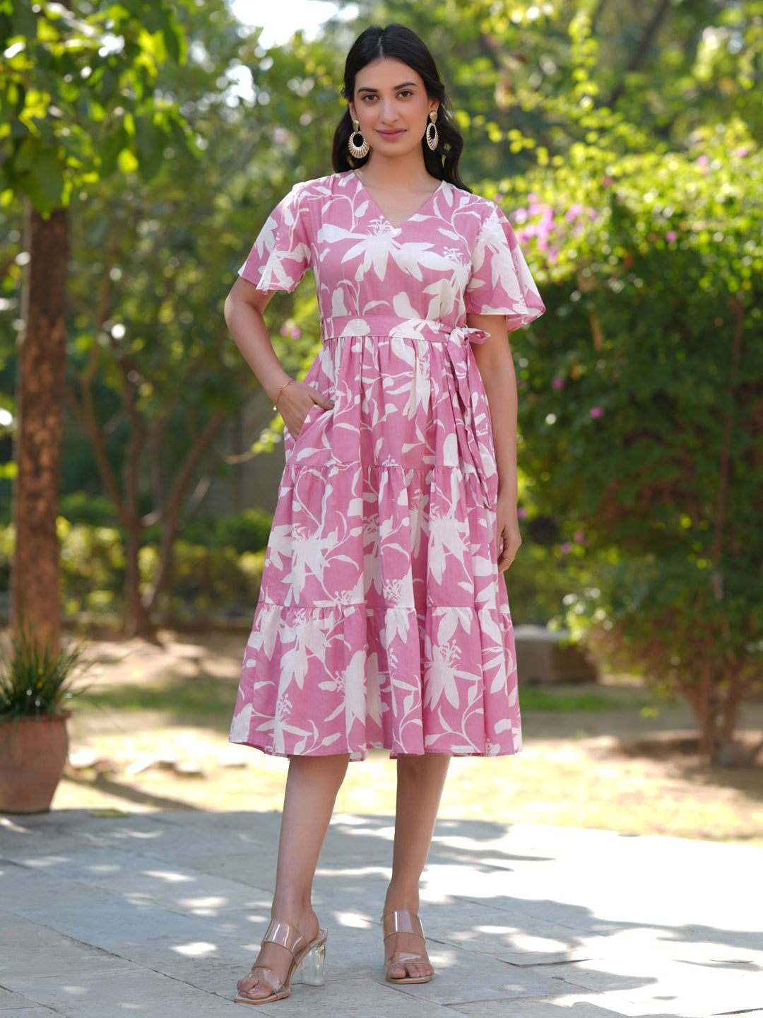 Naari By Shree Pink Pure Cotton Floral Printed Tiered Dress
