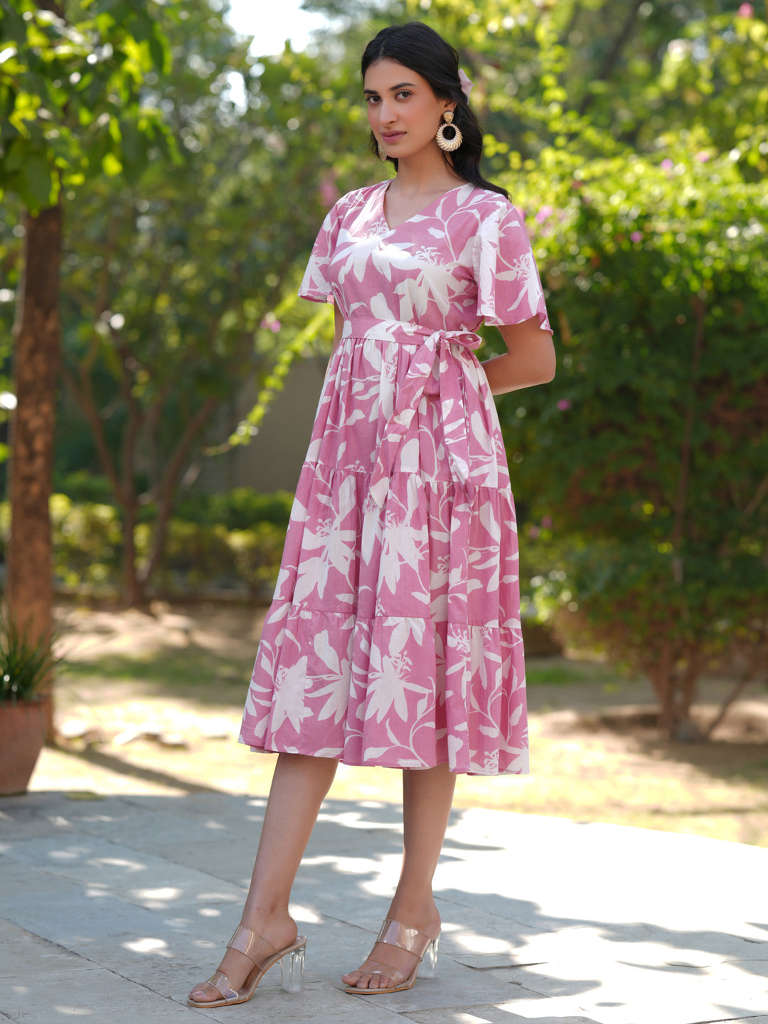Naari By Shree Pink Pure Cotton Floral Printed Tiered Dress