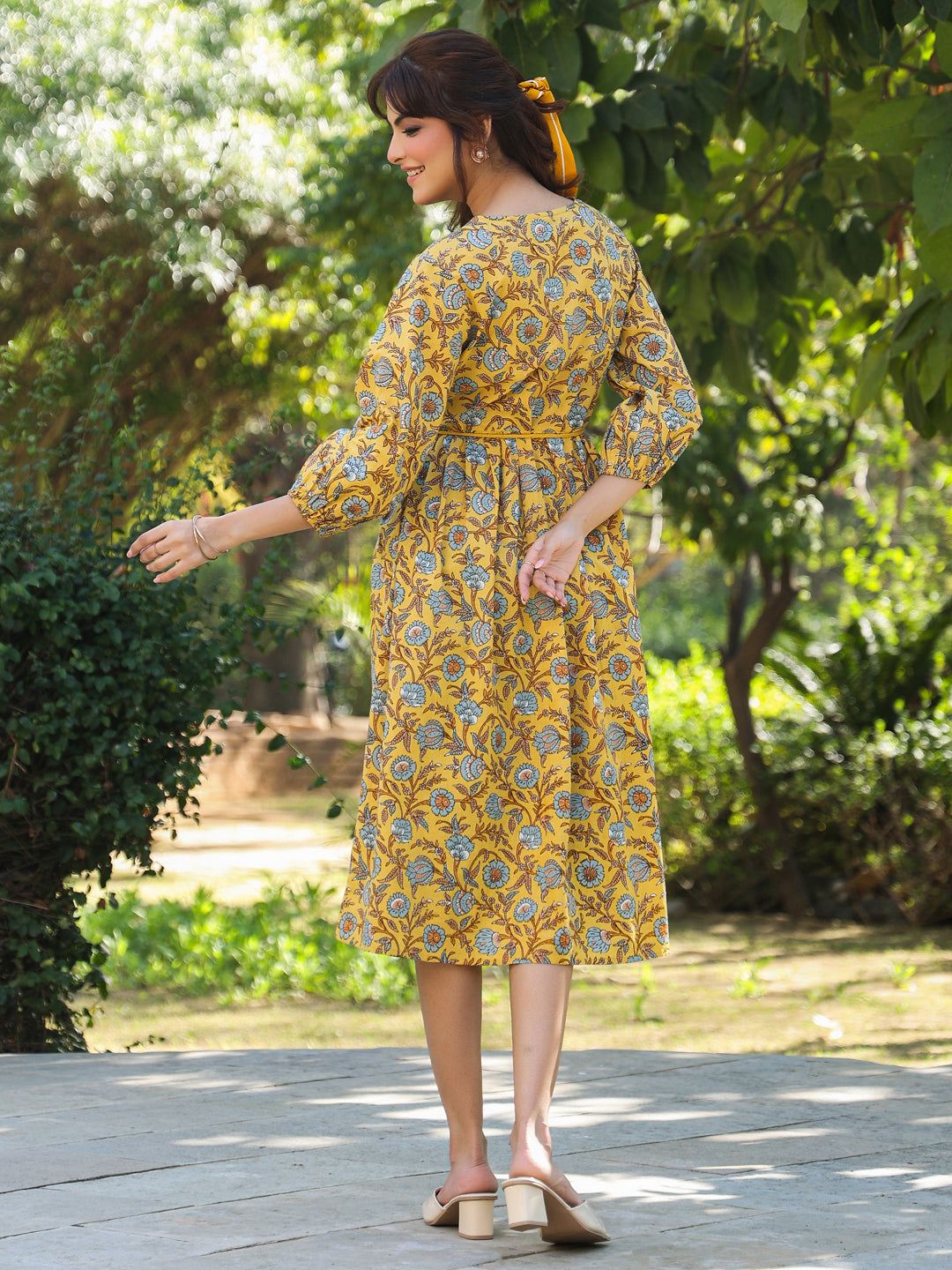 Naari By Shree Yellow Pure Cotton Floral Printed A-line Dress