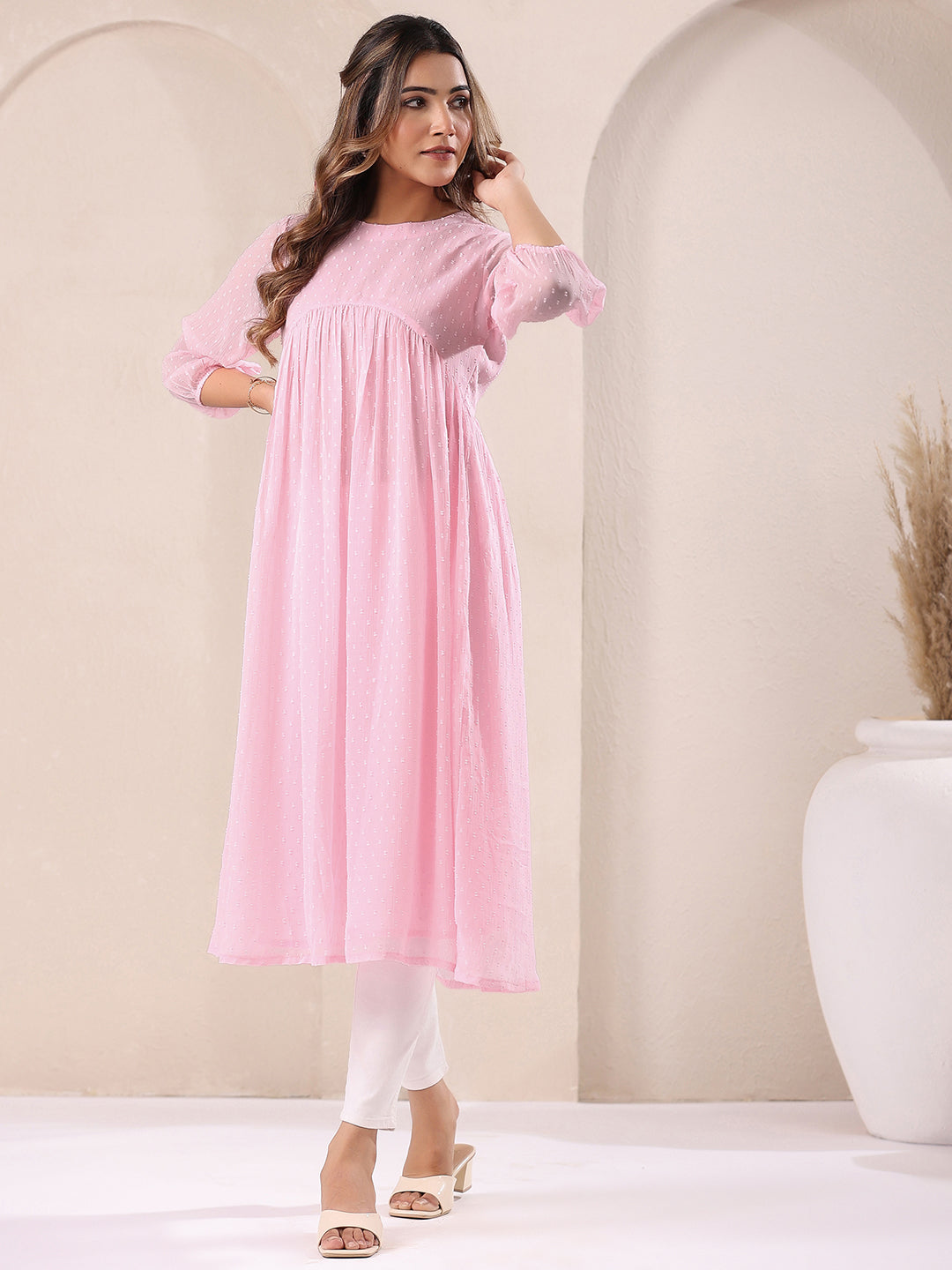 Naari By Shree Baby Pink Dobby Chiffon Self Design A-Line Kurta