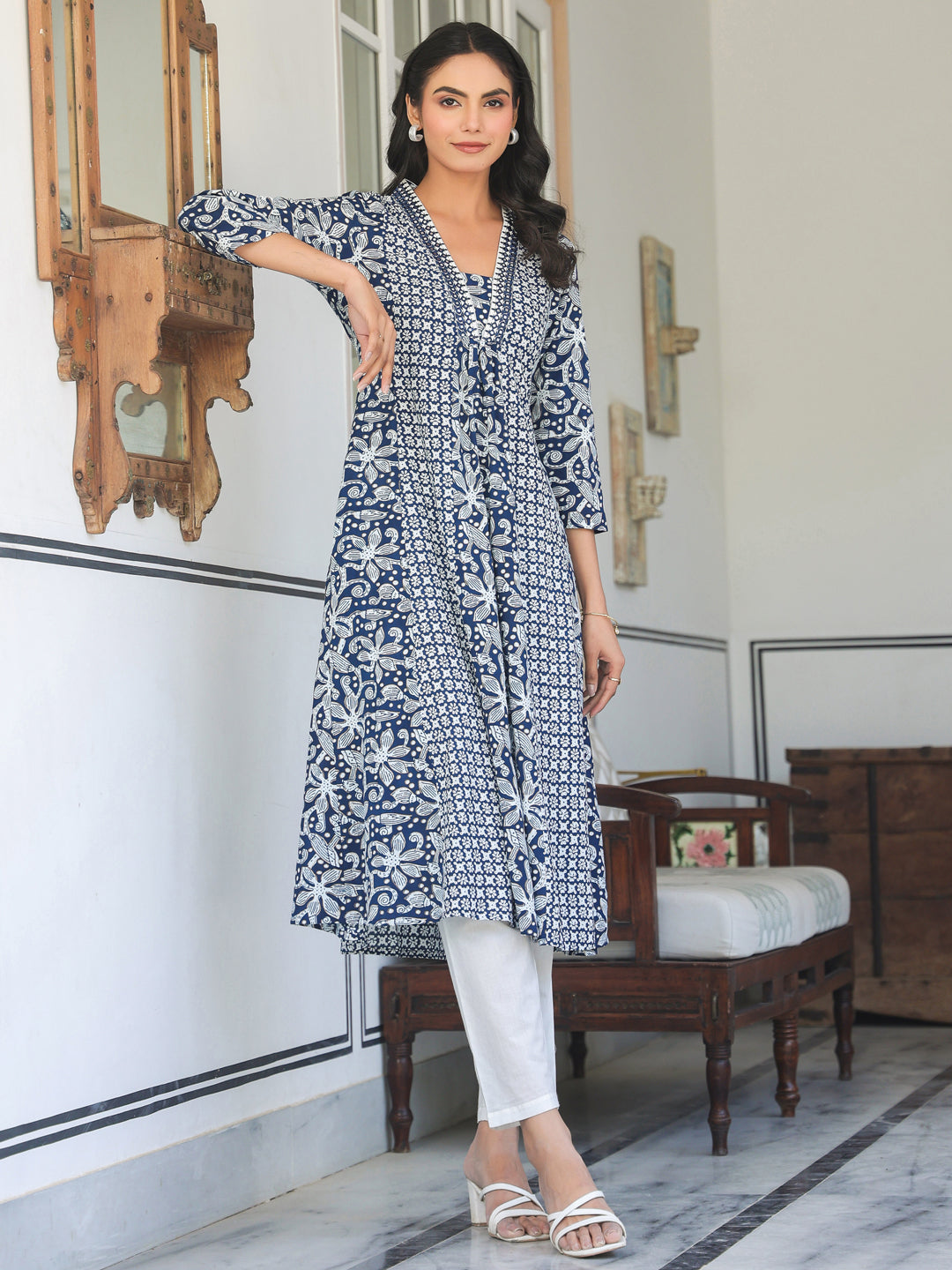 Naari By Shree Navy Blue Pure Cotton Yoke Embroidery Floral A-line Kurta