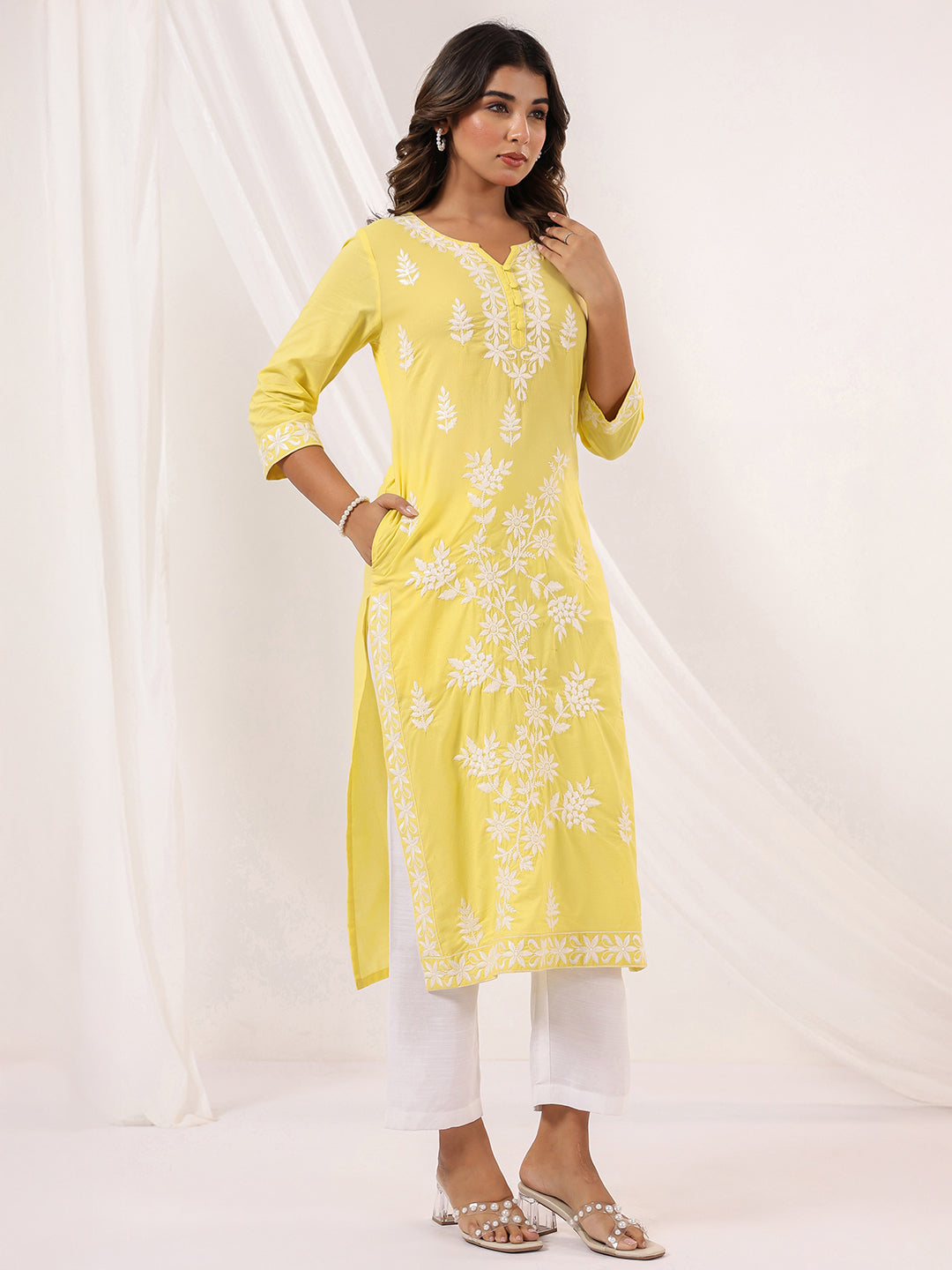 Naari By Shree Women's Yellow Pure Cotton Embroidered Straight Kurta