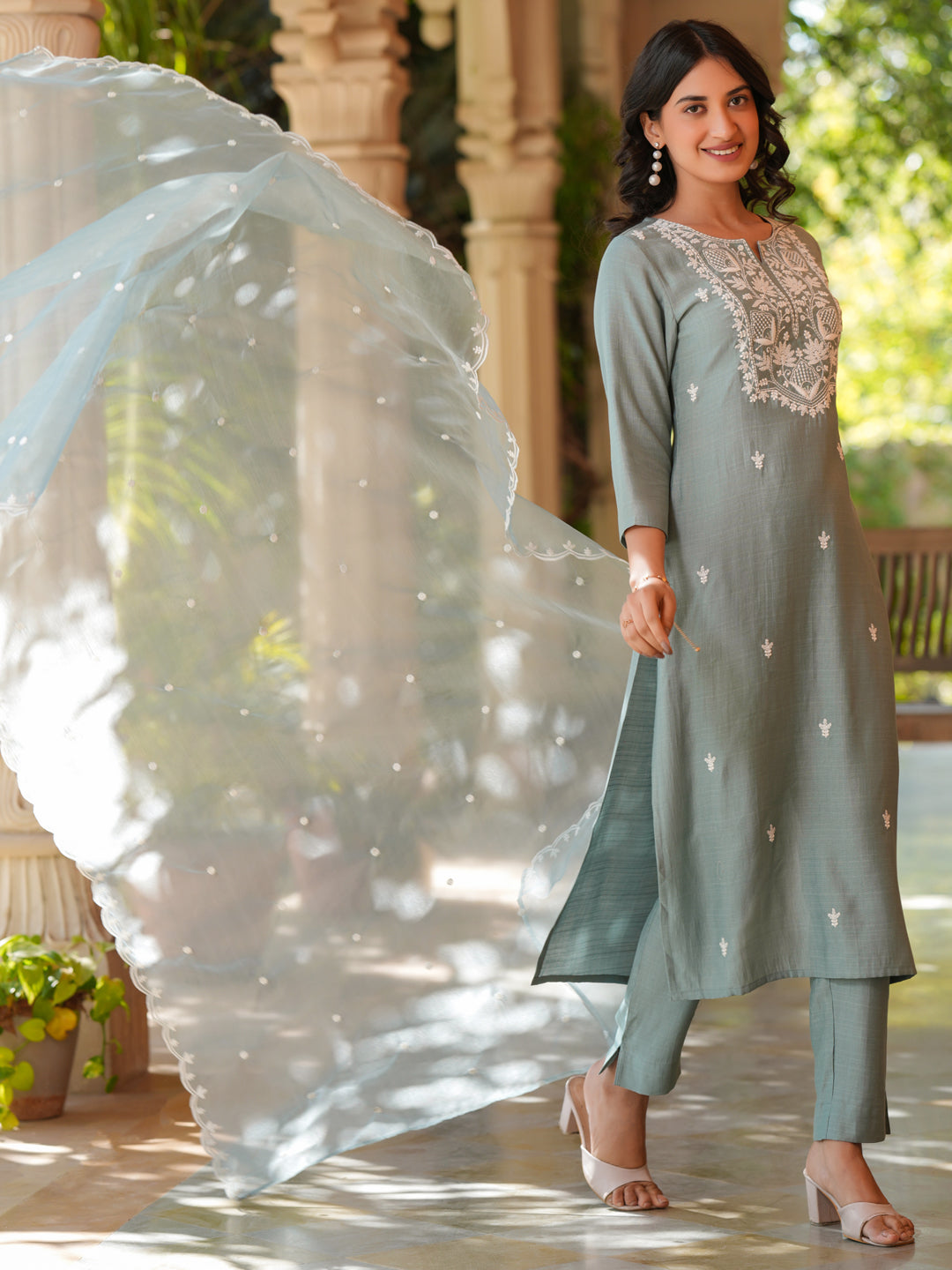 Naari By Shree Light Blue Silk Blend Embroidered Straight Kurta Set