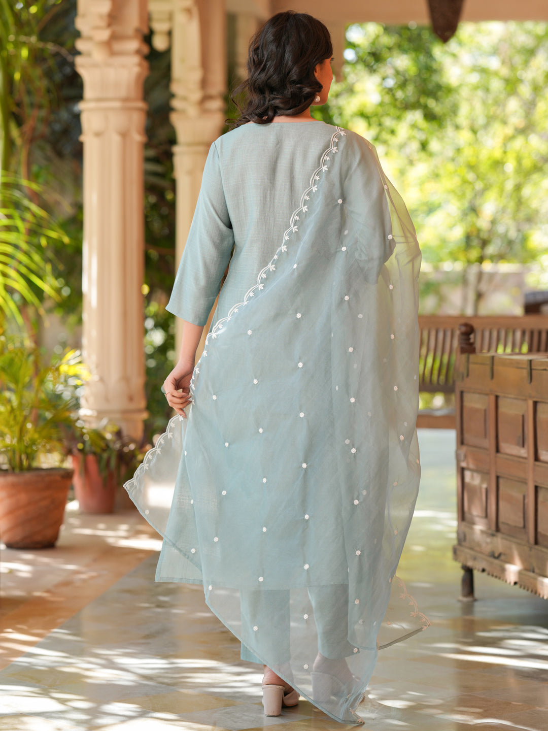 Naari By Shree Light Blue Silk Blend Embroidered Straight Kurta Set