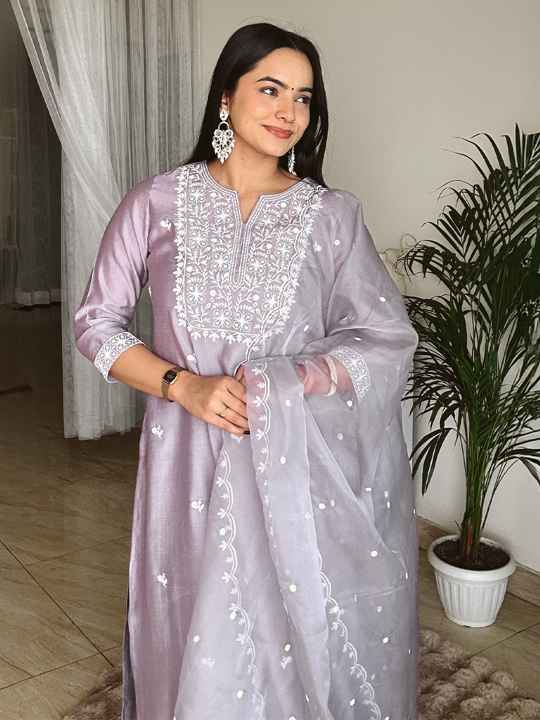 Naari By Shree Lavender Silk Blend Embroidered Straight Kurta Set