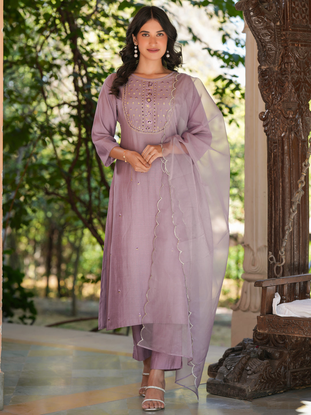 Naari By Shree Women's Lavender Silk Blend Embroidered Straight Kurta Set